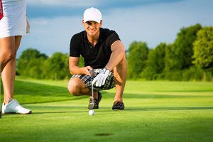 young man looking at a hole while a golf ball near it